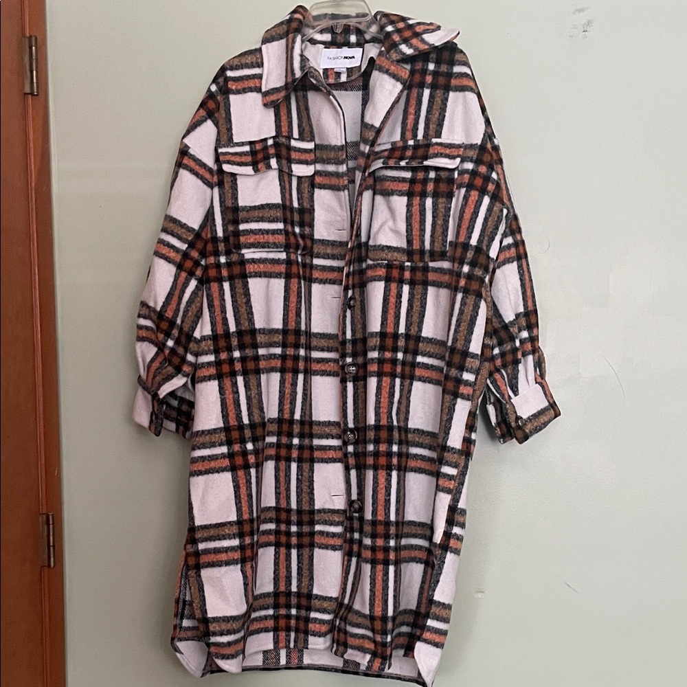 FashionNova Oversized Plaid Winter Coat  - Black, White, and Brown